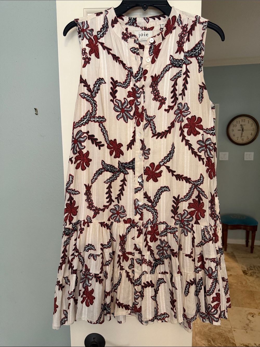 Joie Sleeveless Tiered Floral Button-Front Dress - Cream & Burgundy